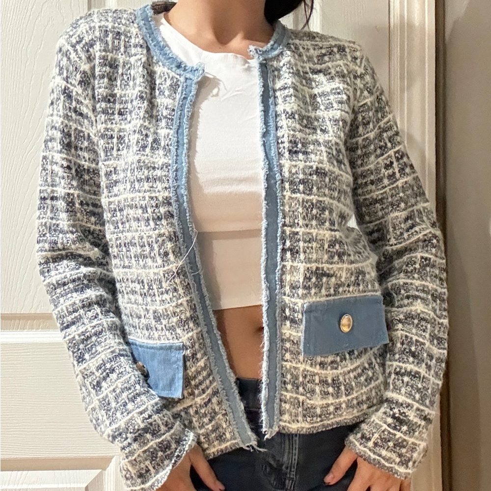 Sioni Blue and White Tweed Cardigan